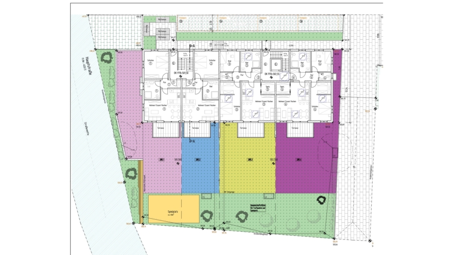 Schöne 3-Zimmer-Gartenwohnung mit 91 m² Wohnfläche, großem Südgarten & 2 TG-Stellplätzen - Freiflächengestaltungsplan