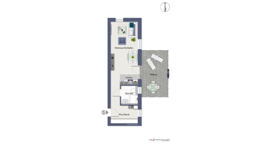 Moderne 1-Zimmer-Eigentumswohnung mit ca. 15,00 m² großer Dachterrasse & TG-Stellplatz in Eichenried - Grundriss Wohnung Nr. 5