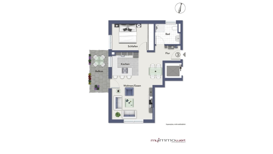 Perfekt geschnittene 2-Zimmer-Eigentumswohnung mit Blick ins Grüne im Herzen von Pliening - Grundriss Wohnung Nr. 3