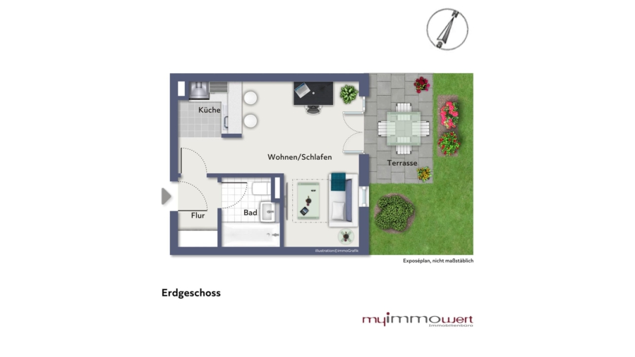 Schöne moderne 1-Zimmer-Gartenwohnung im Herzen von Neufahrn bei Freising mit 2 Stellplätzen - Wohnung