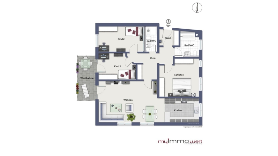 Exklusive 4-Zimmer-Eigentumswohnung mit 2 Bädern, großem Westbalkon und edler Ausstattung - Grundriss Wohnung Nr. 3