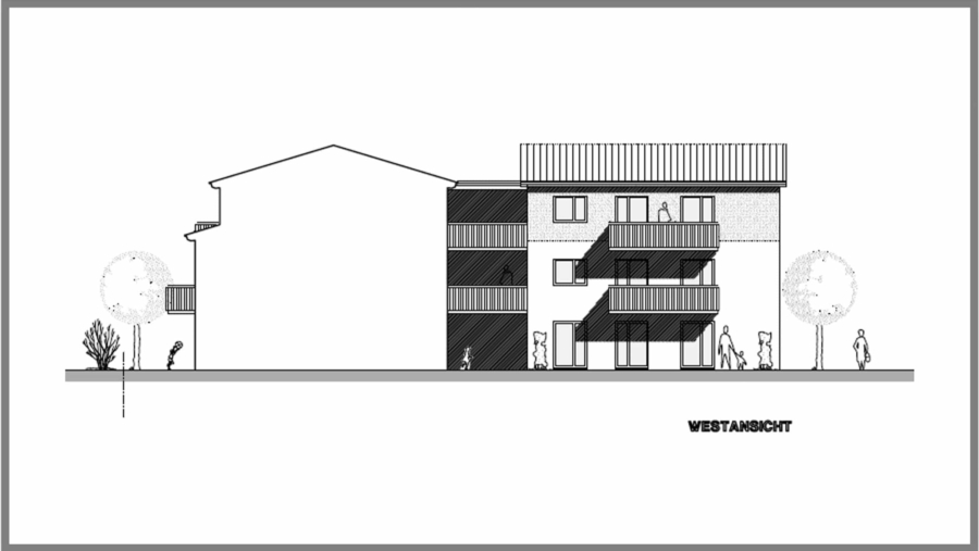 Optimal beplant! Baugrundstück für ein MFH mit 7 Eigentumswohnungen und Tiefgarage in Eichenried - Westansicht