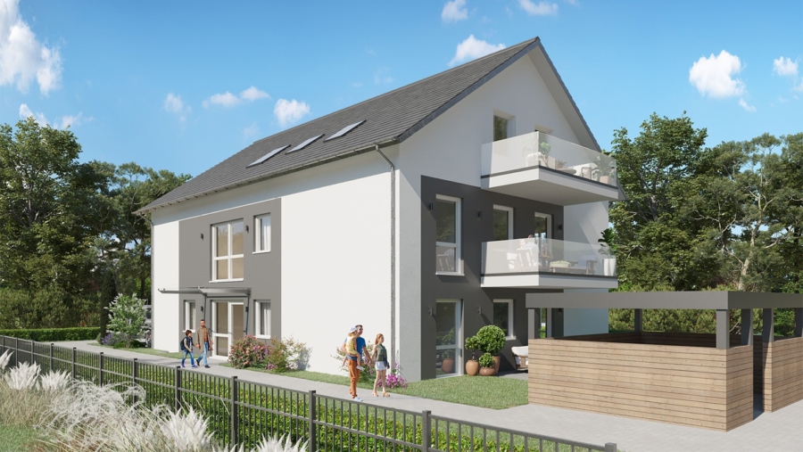 Charmante 2-Zimmer-Dachgeschosswohnung mit großem Südbalkon im Herzen von Pliening - Visualisierung Westansicht